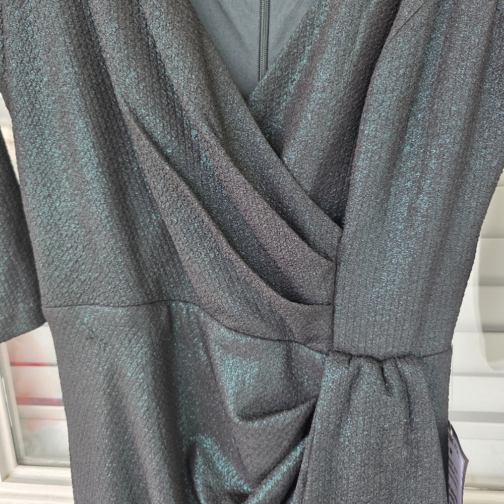 $249 XSCAPE Metallic-Threaded Gathered-Waist Dress Sz 8 Dark Green NWT - Picture 10 of 13